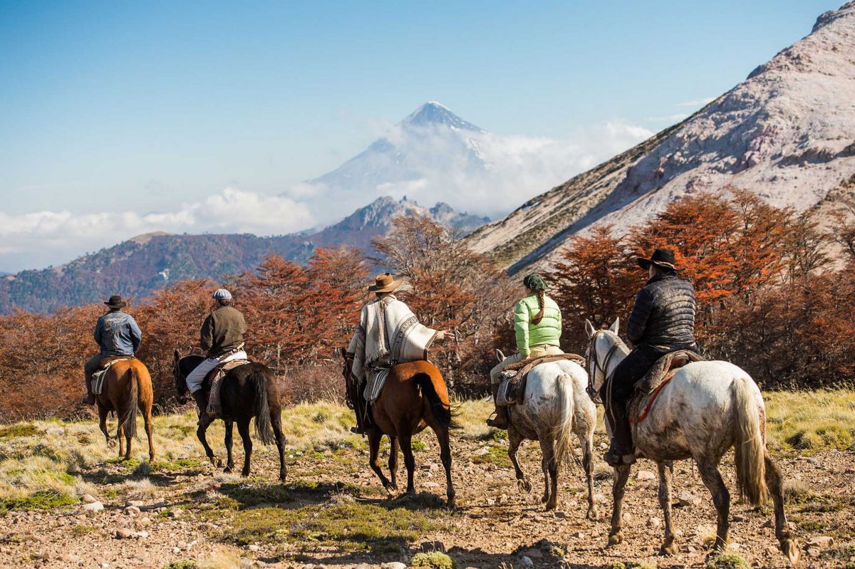 Horse trekking with volcano in the background